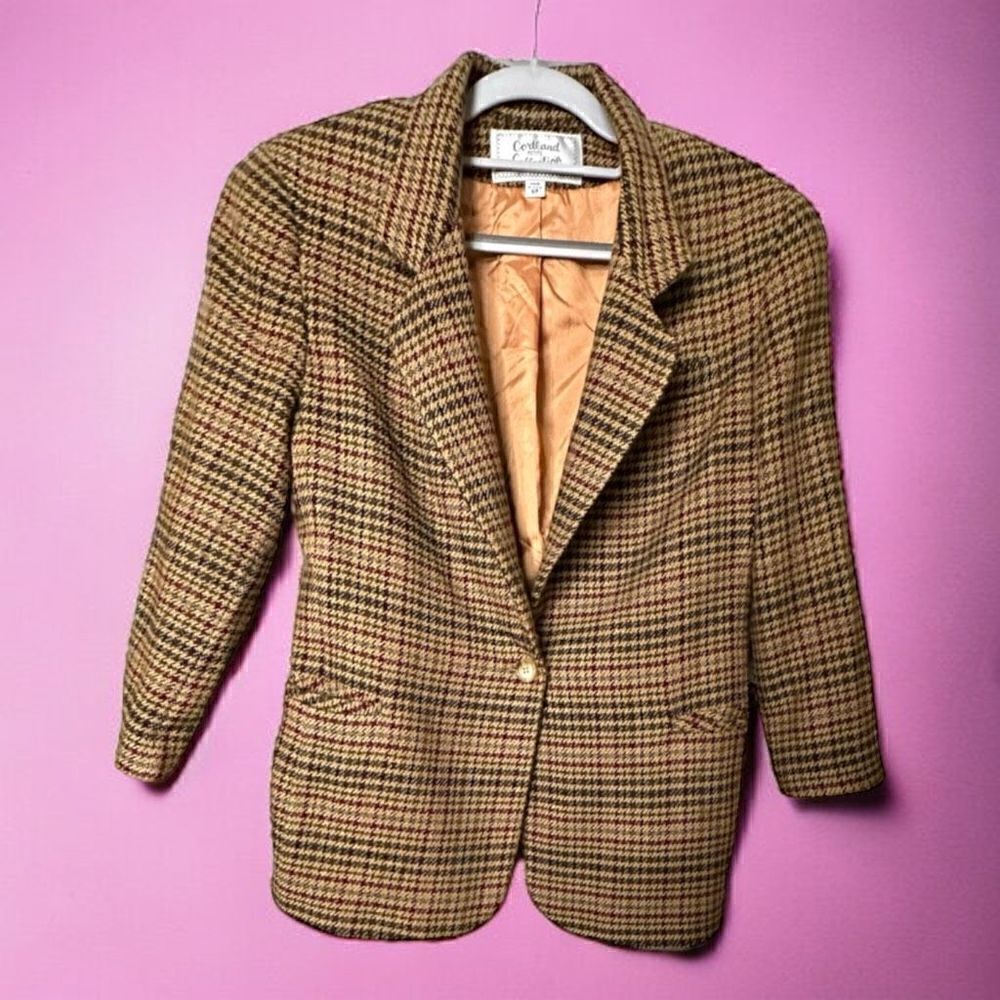 Vintage Cortland Collection wool Tan plaid blazer Jacket Size 6p